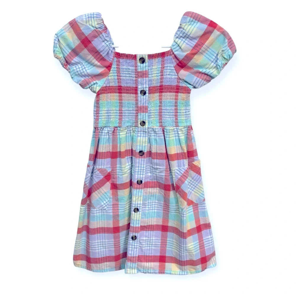 Wonder Nation Girls Pastel Plaid Puff Sleeve Dress Size 7-8
